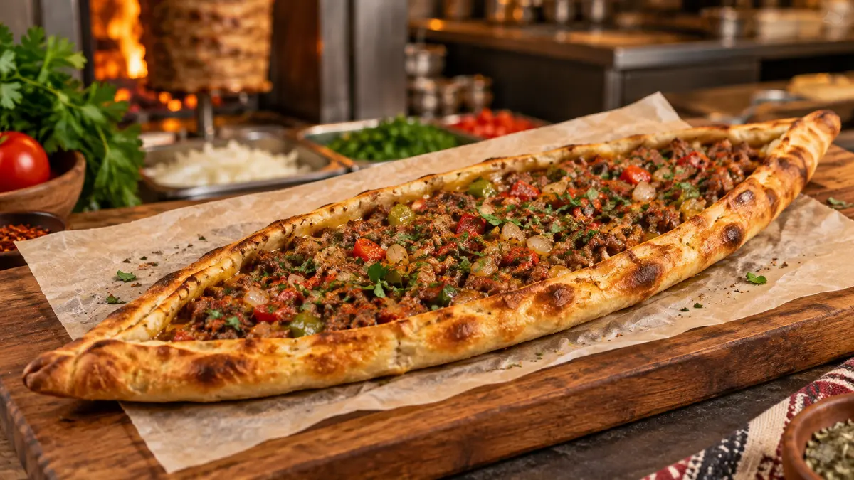 Freshly baked minced beef pide